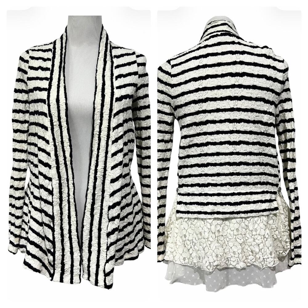 Postmark Anthropologie Striped Cardigan Womens XS Black White Lace Hem Open